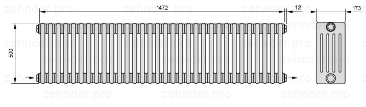 Схема (чертеж) Радиатор Zehnder Charleston 5050/32 №2670 Белый глянцевый RAL 9016